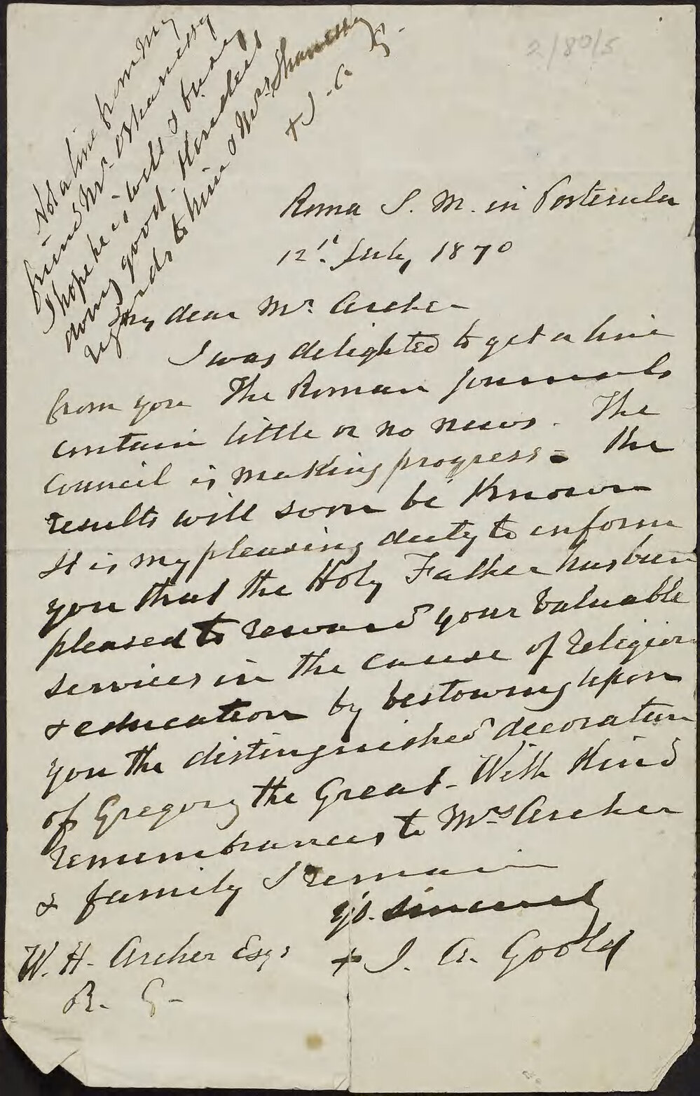 GOOLD, J. A. (Bishop of Melbourne, Archbishop of Melbourne )  Rome.