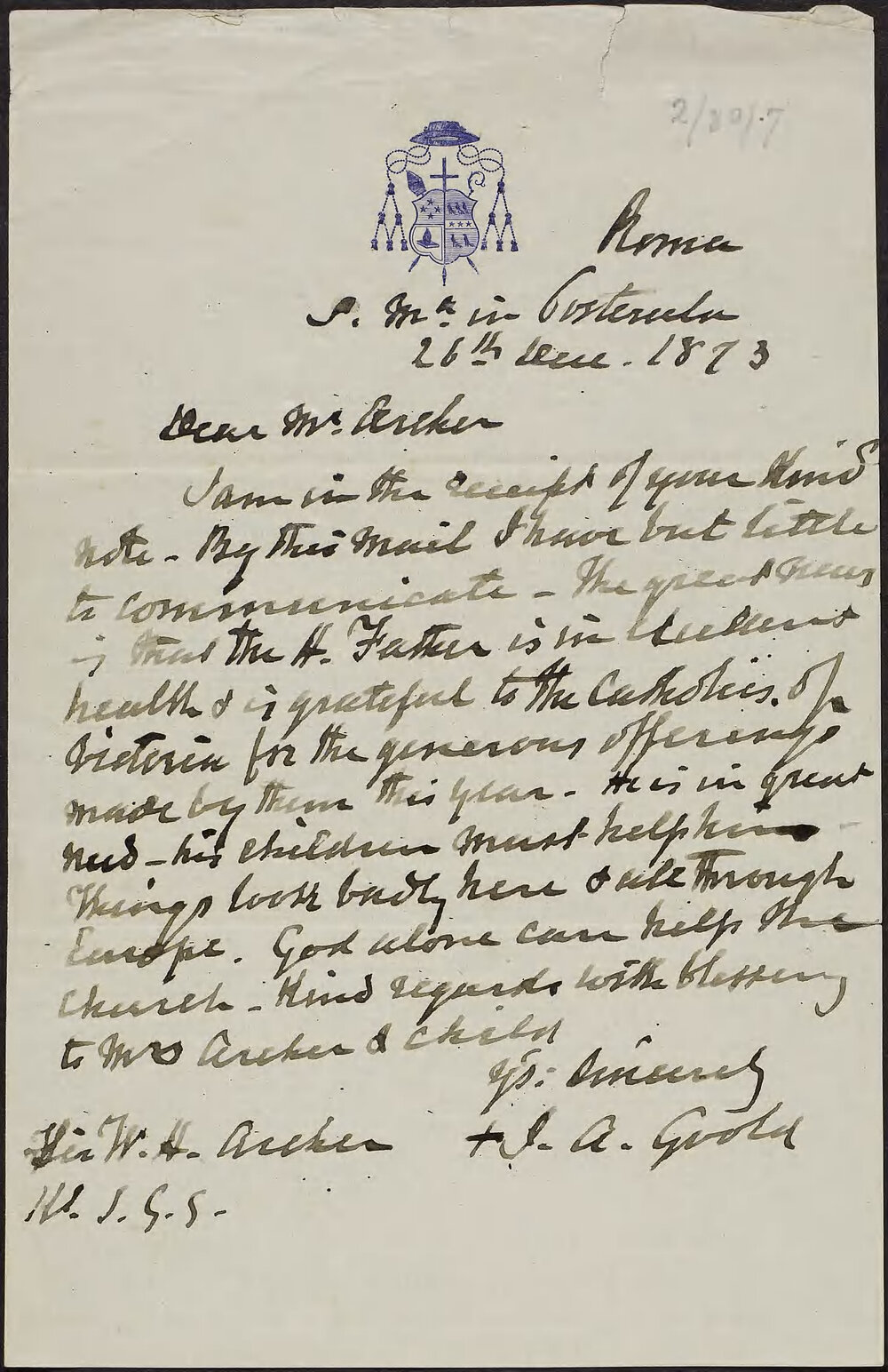 GOOLD, J. A. (Bishop of Melbourne, Archbishop of Melbourne )  Rome.