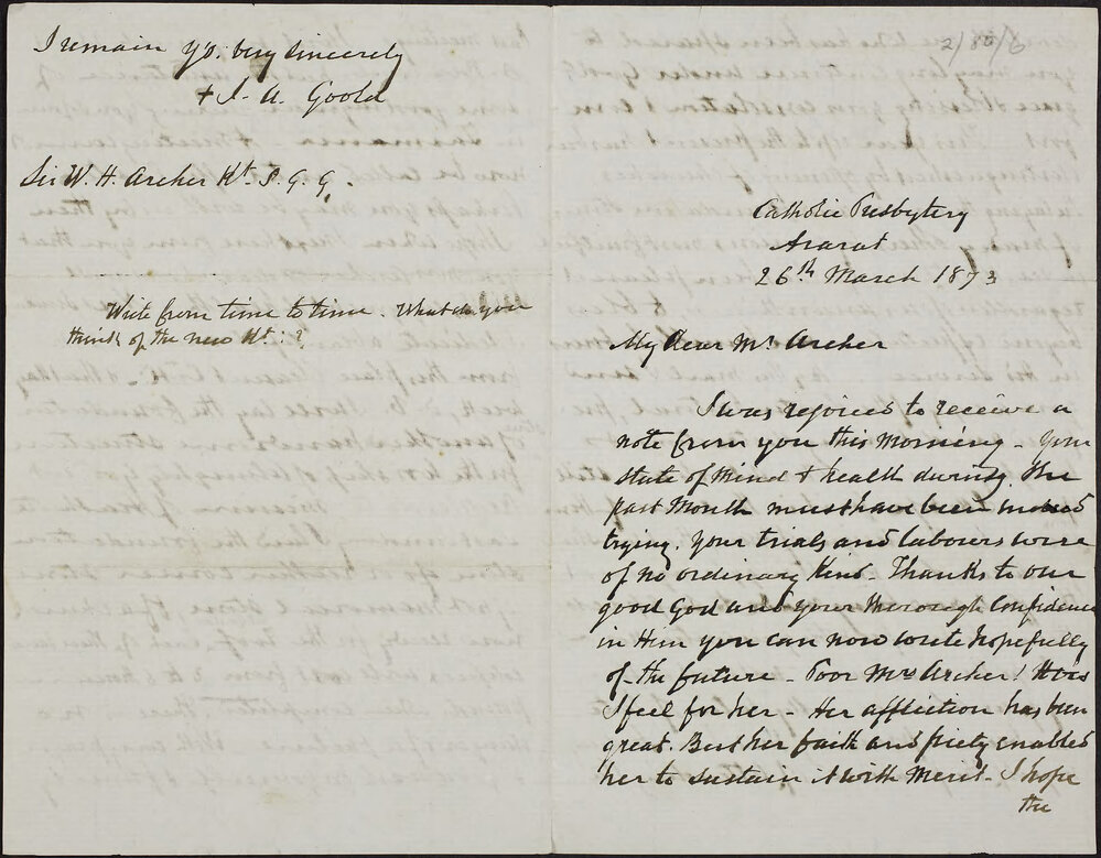 GOOLD, J. A. (Bishop of Melbourne, Archbishop of Melbourne ) Catholic Presbytery, Ararat.