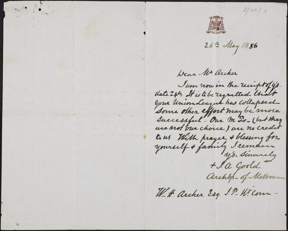 GOOLD, J. A. (Bishop of Melbourne, Archbishop of Melbourne) no address.