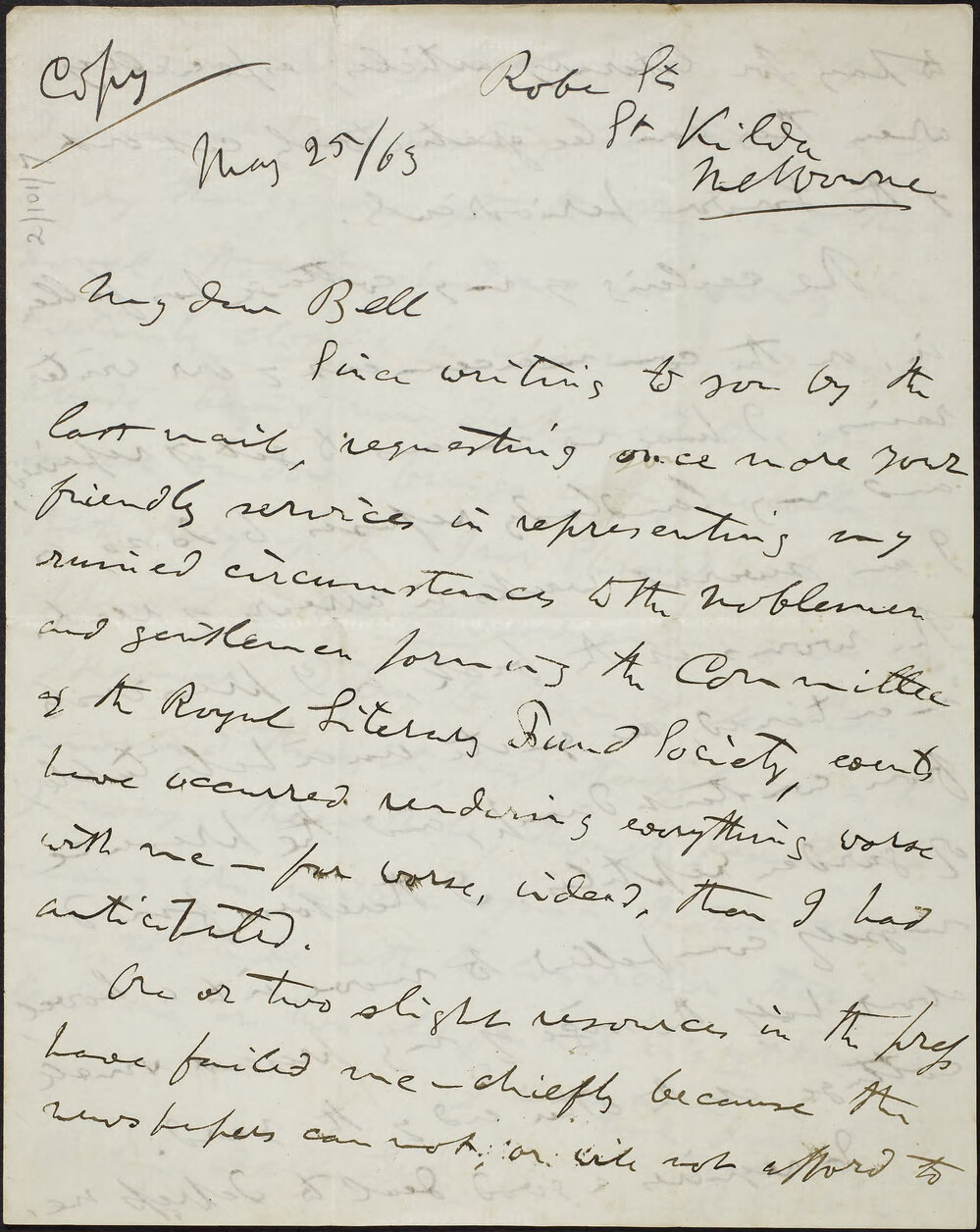 HORNE, R.H., Robe St, St Kilda, to BELL, Robert