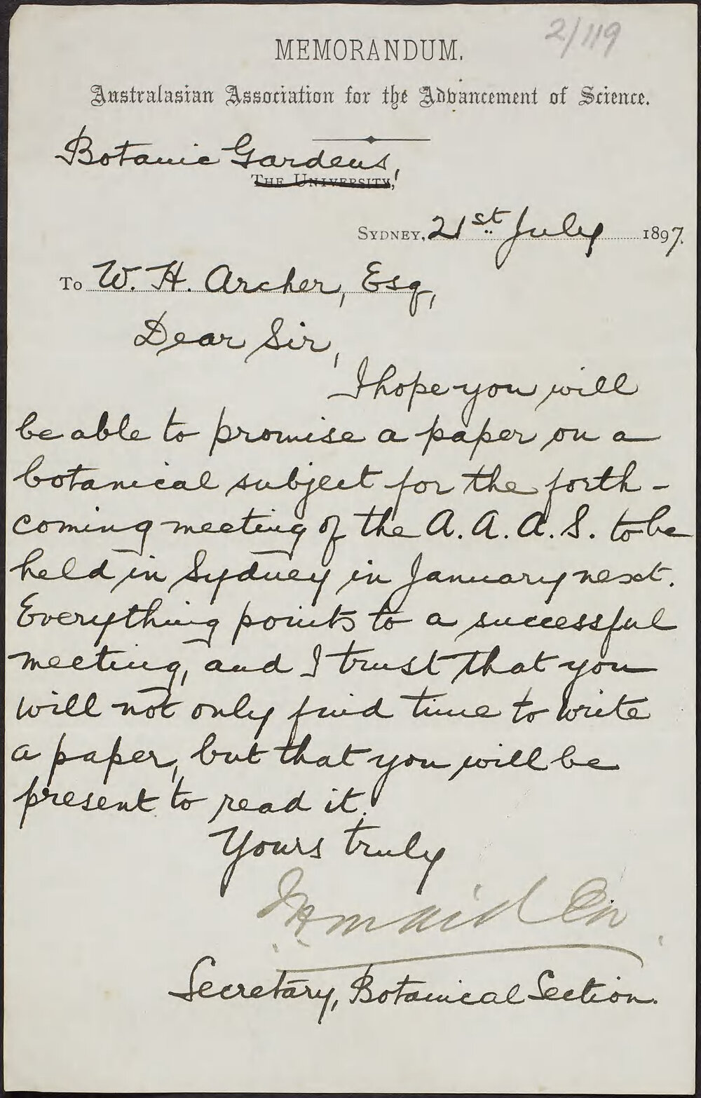 MAIDEN, J.H. Botanic Gardens, Sydney.