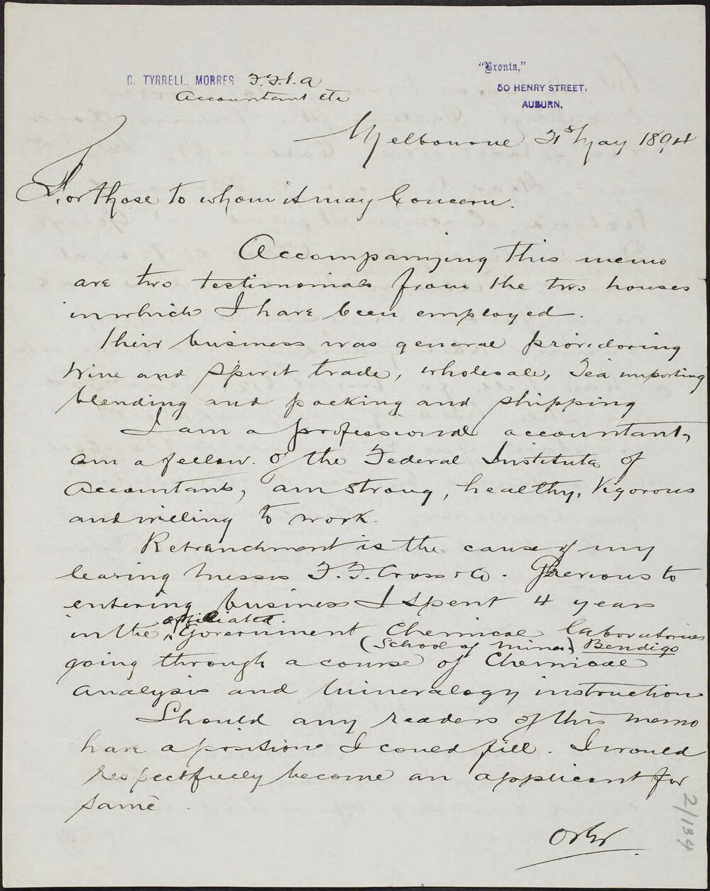 MORRES, C.  Tyrell.  "Bronta", 50 Henry Street, Auburn.