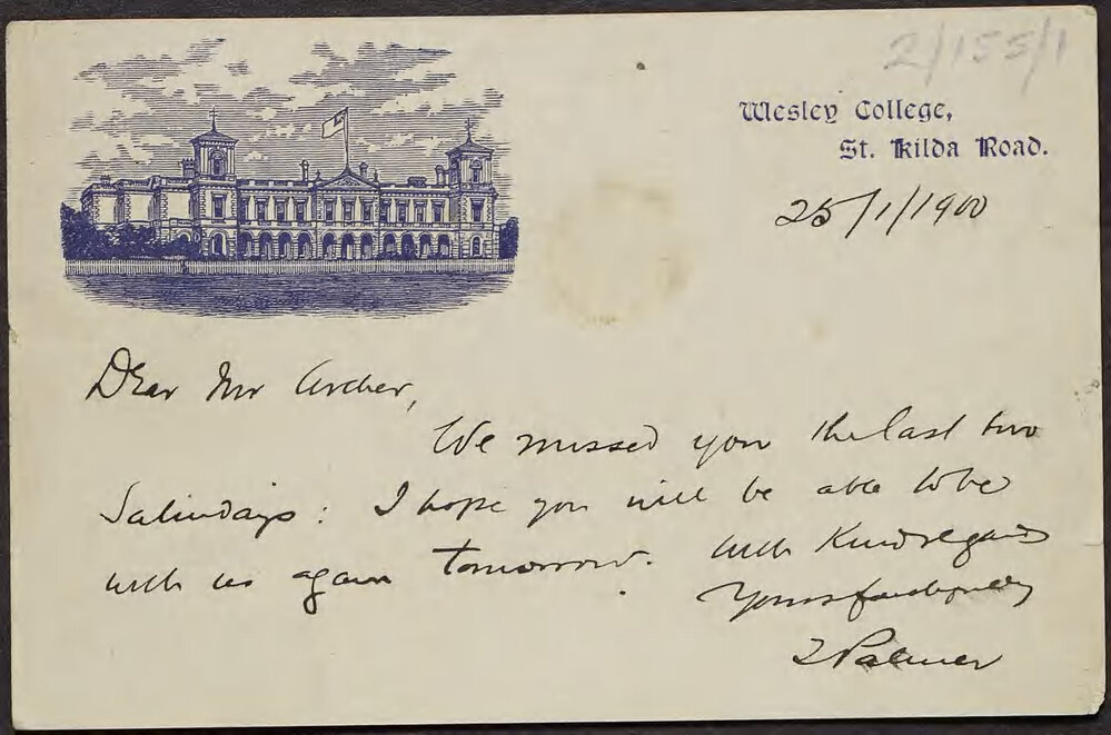 PALMER, Thomas, Wesley College, St Kilda Road.