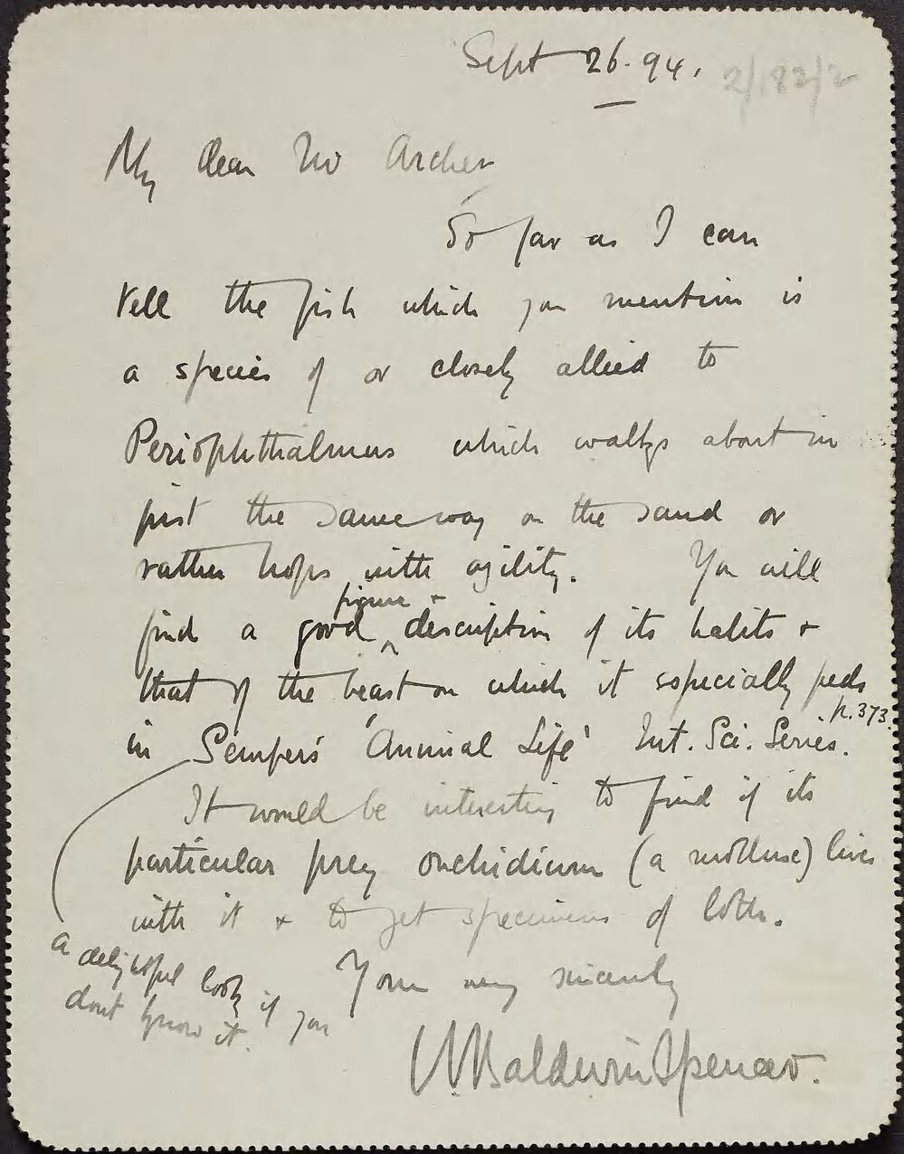 SPENCER, W. Baldwin, Postcard, Royal Society of Victoria.