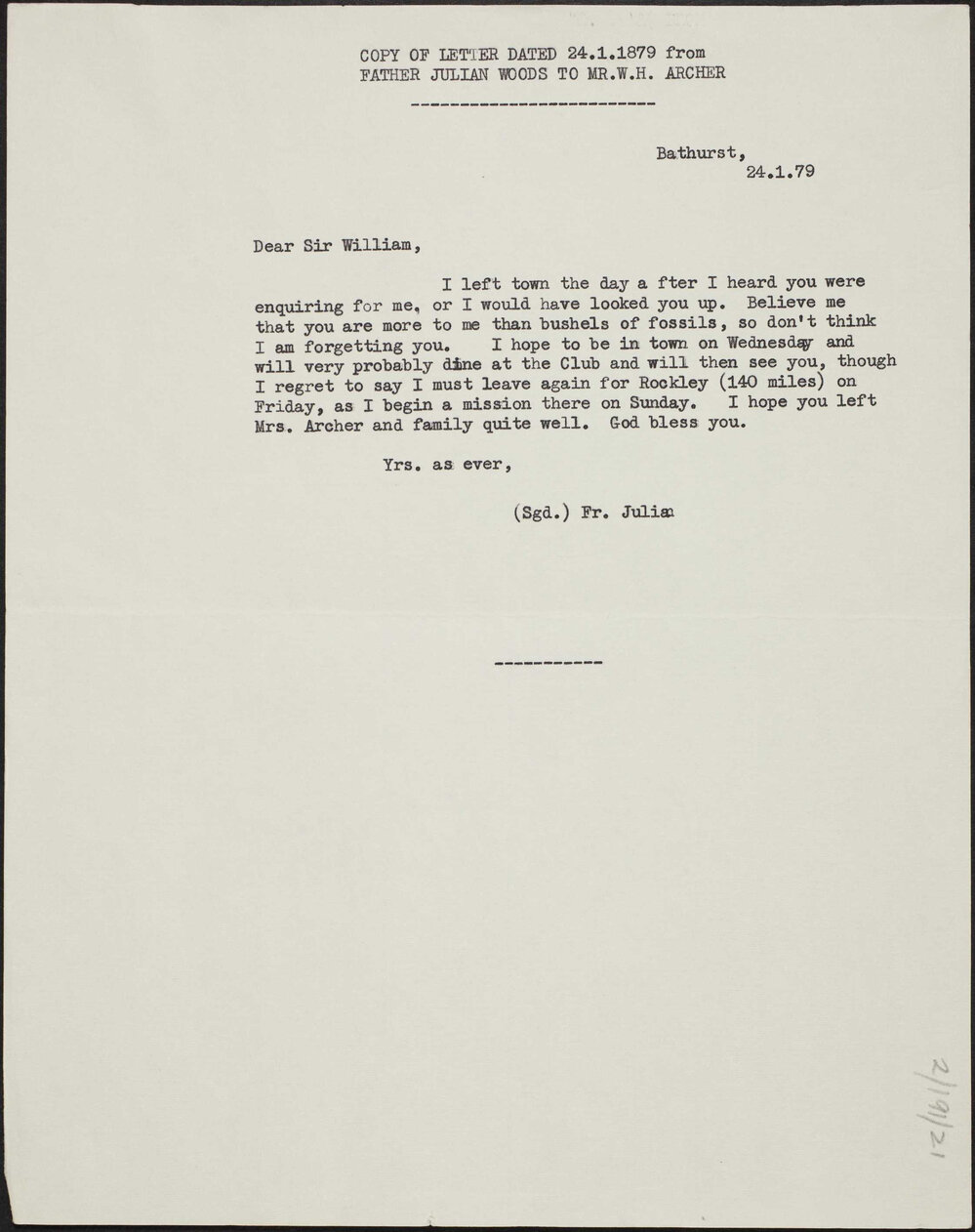 TENISON-WOODS, Fr Julian, Government House, Singapore.