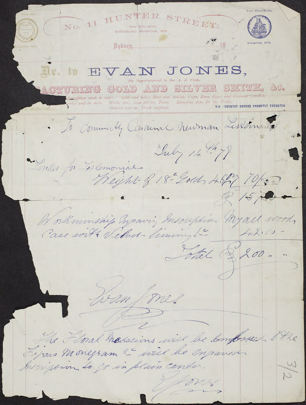 Account from Ivan Jones, Manufacturing Gold and Silver Smith, 11 Hunter Street, Sydney to Committee Cardinal Newman Testimonial