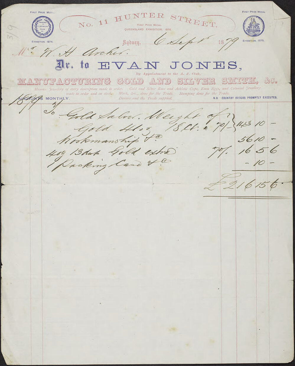 Account from Ivan Jones, Sydney to Archer for gold salver