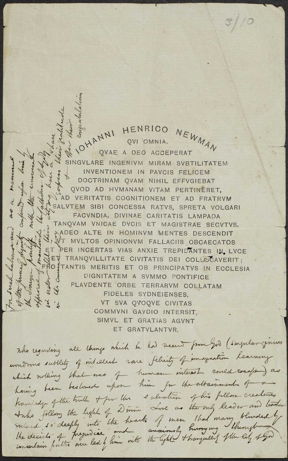 Copy and translation of Latin inscription on gold salver presented to Cardinal Newman.