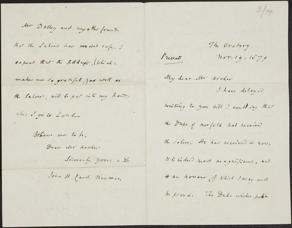 Cardinal John H Newman, the Oratory, to Archer