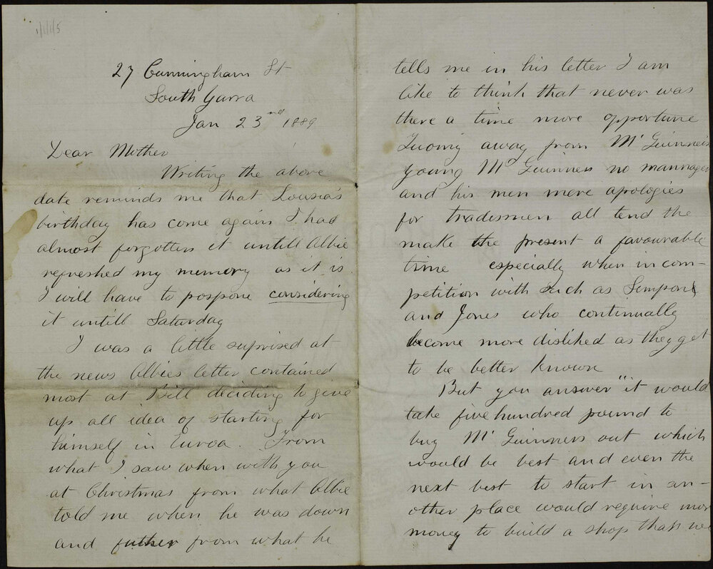 Joseph E. Bishop, South Yarra, to his mother, Mrs Mary Ann Bishop