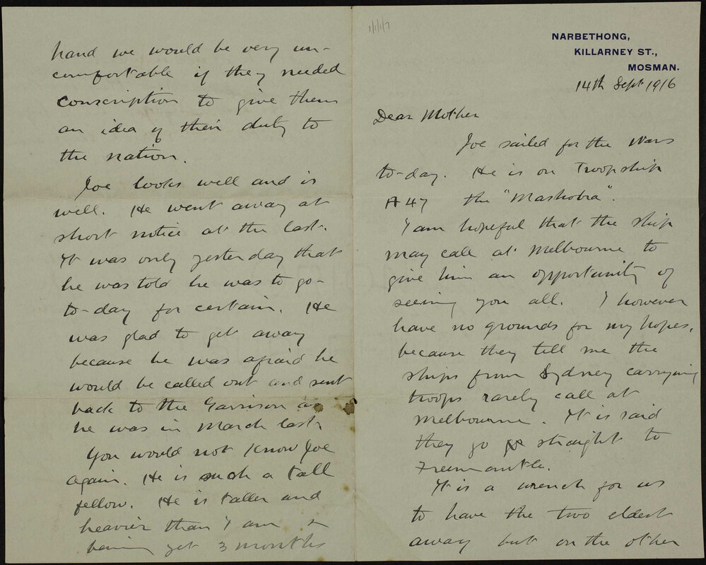 Joseph E. Bishop, Mosman, NSW, to his mother, Mrs Mary Ann Bishop.