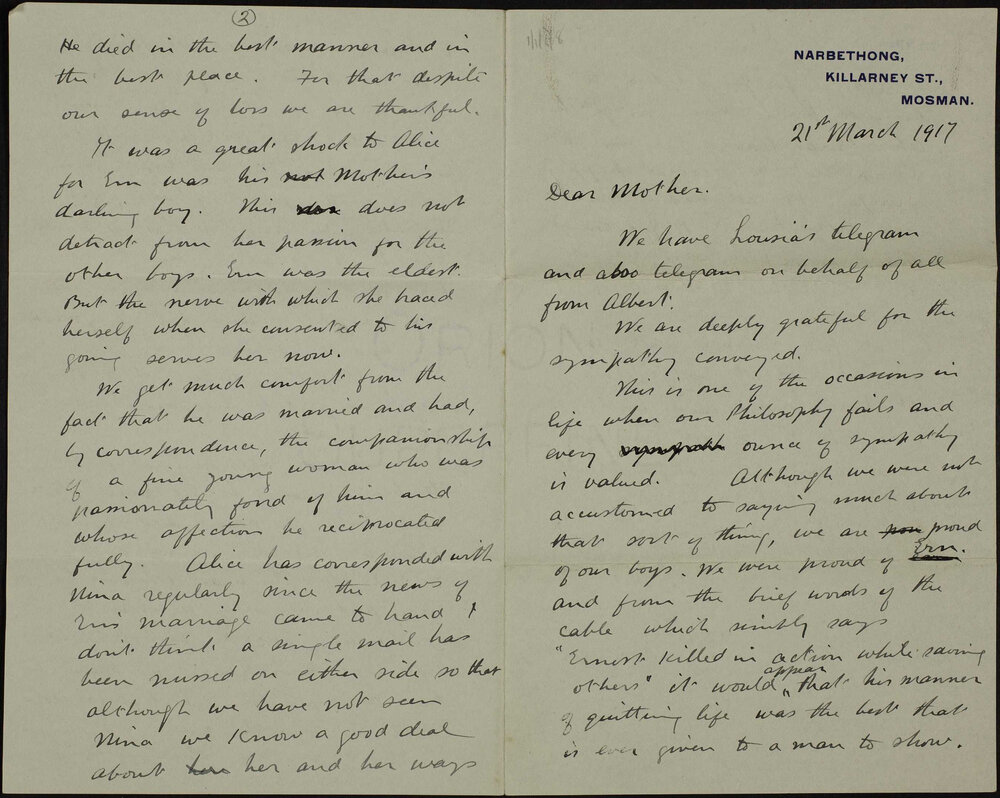 Joseph E. Bishop, to his mother, Mrs Mary Ann Bishop.