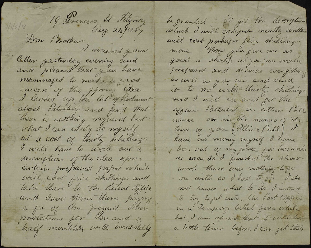 Joseph E. Bishop, 19 Princes Street, Fitzroy, to his brothers.