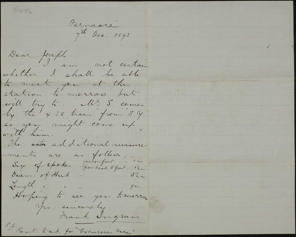 Ingram, Frank, &ldquo;Fernacre&rdquo; Upper Beaconsfield, Vic. (friend) to Joseph E. Bishop