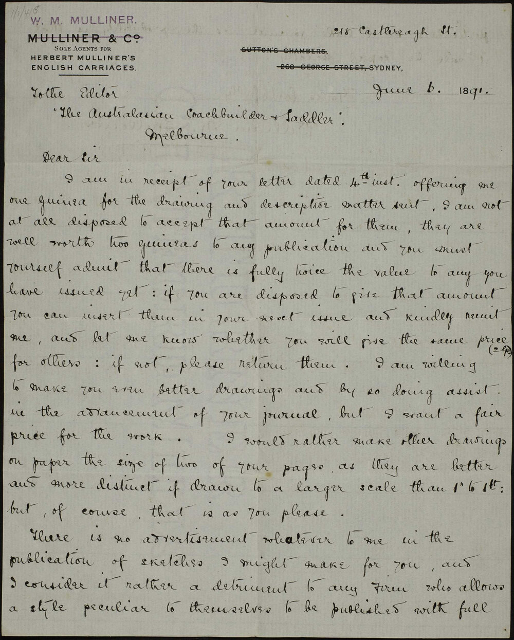 Mulliner, W. M., Sydney, To Editor, The Australasian Coachbuilder and Saddler