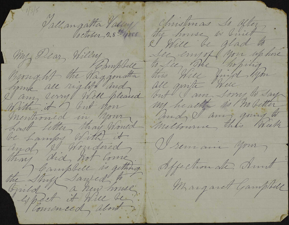 Aunt Margaret Campbell, Tallangatta Valley, to Bill (W.G.)  Bishop