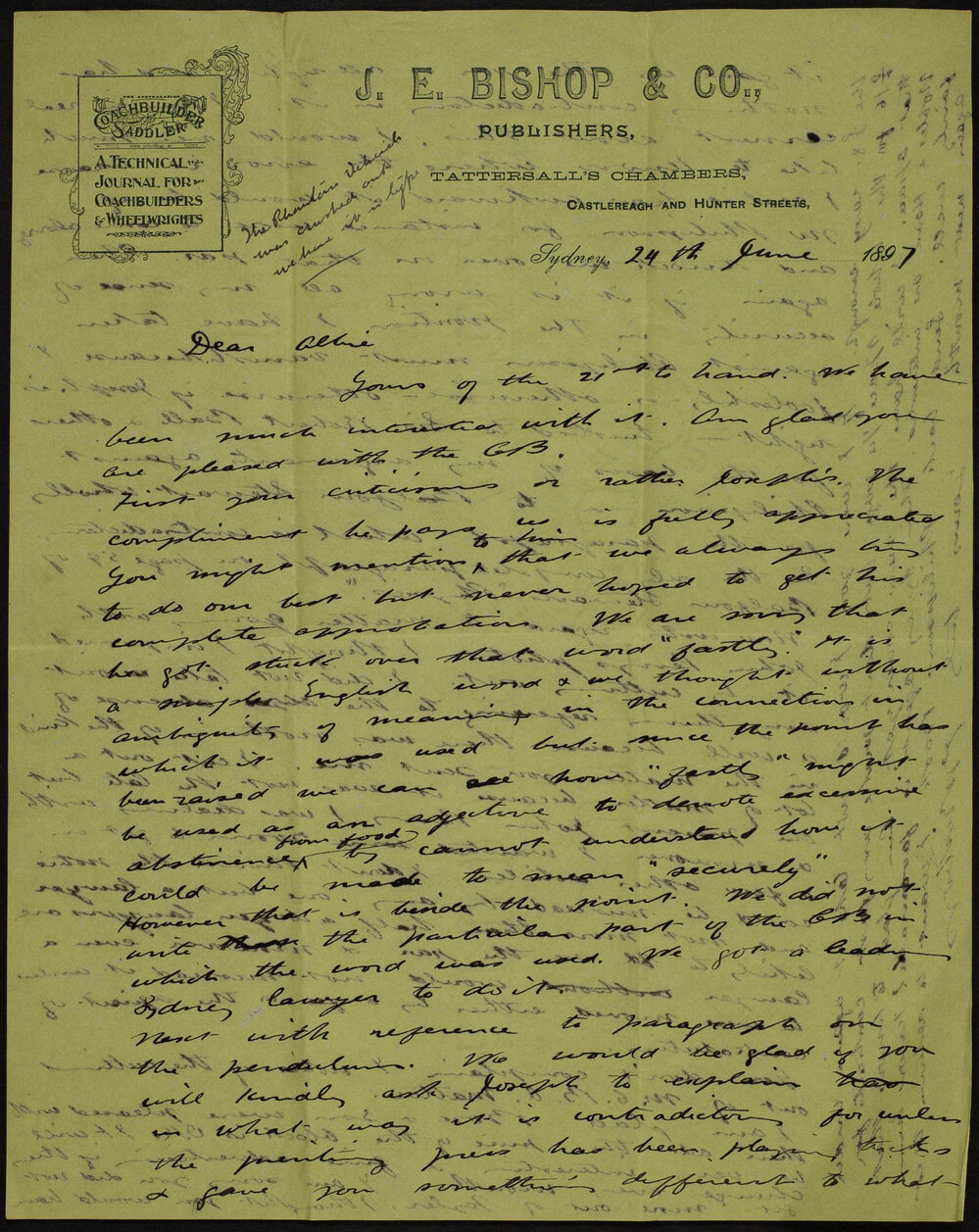 John Bishop of J.E. Bishop and Co, Publishers, Castleraigh/Hunter Streets, Sydney to Albie (brother).