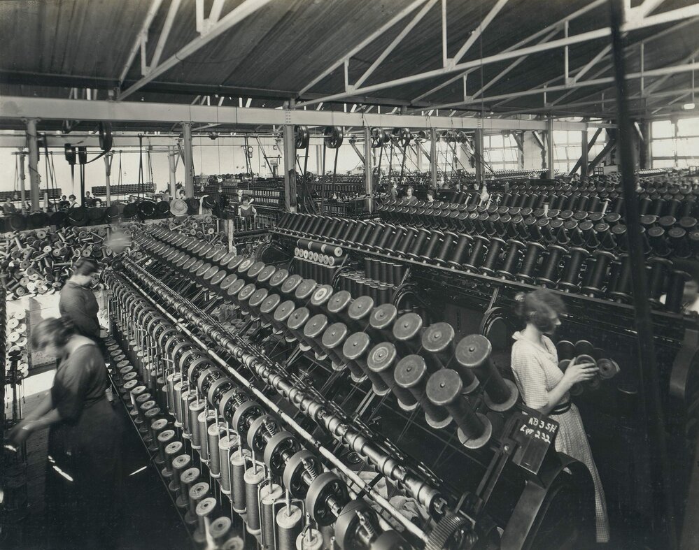 Women operating wool machinery using the Bradford System, at Foy and Gibson Pty. Ltd. Gibsonia Mills in Collingwood, Victoria.