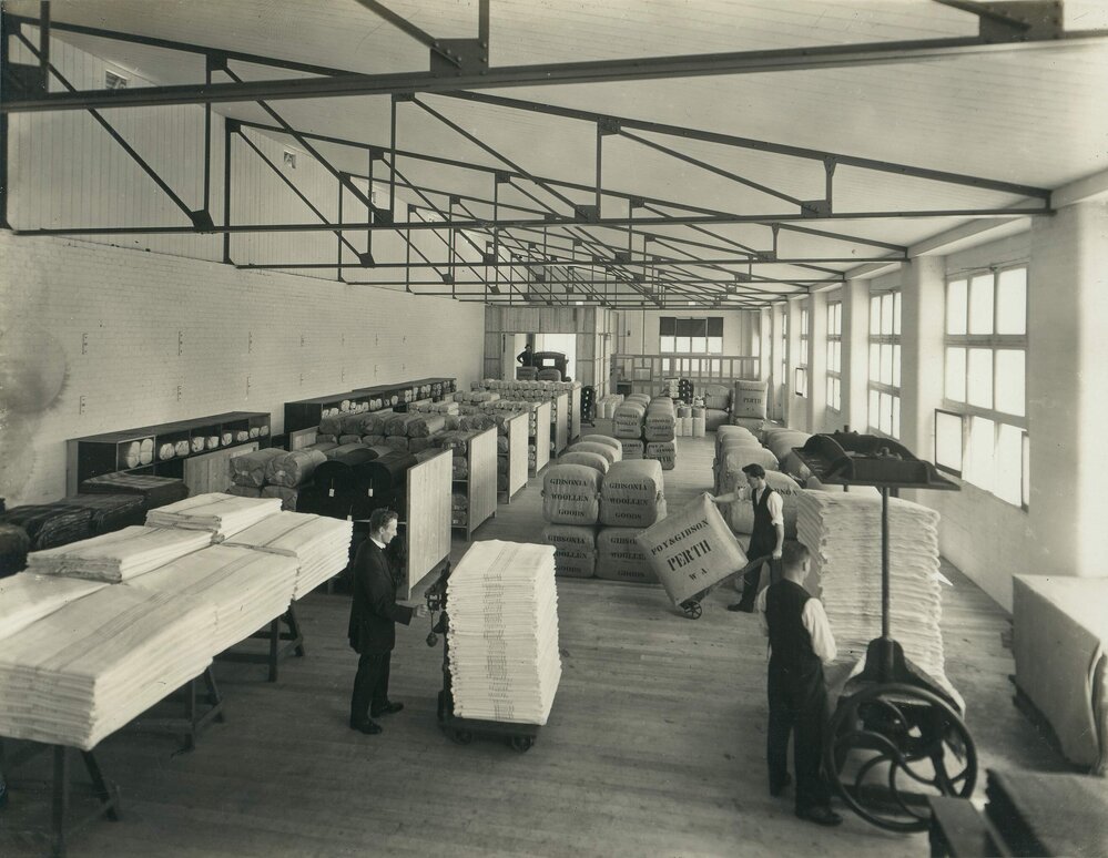 An overview of the Woollen Mills Packing and Despatch area at Foy and Gibson Pty. Ltd. Gibsonia Mills in Collingwood, Victoria.