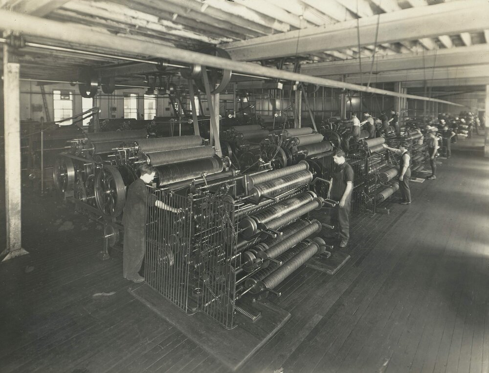 A woollen carding room at Foy and Gibson Pty. Ltd. Gibsonia Mills in Collingwood, Victoria.
