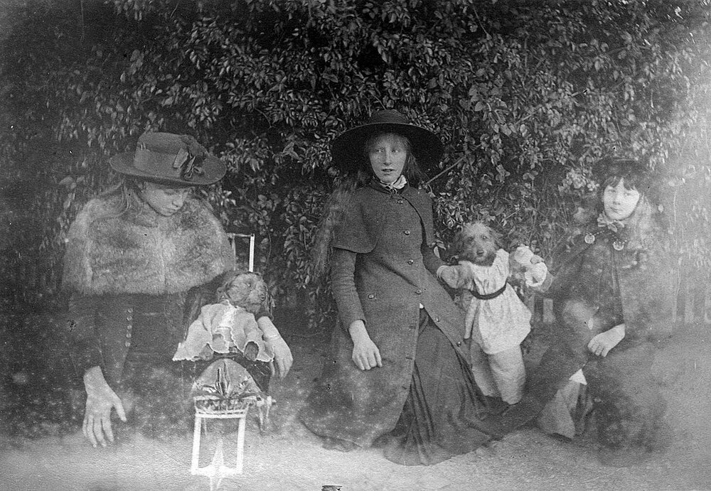 Three girls playing with two dogs