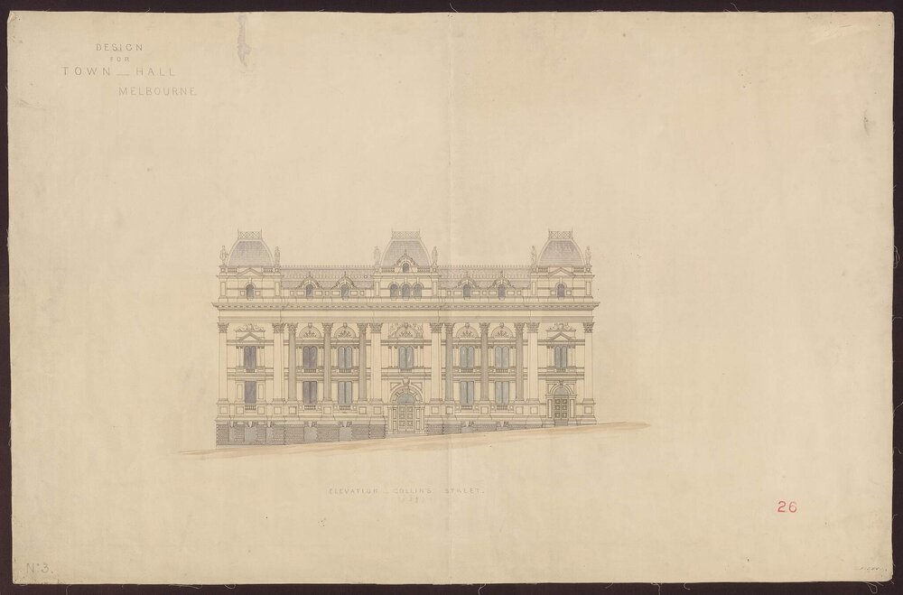 Design for Town Hall, Melbourne, Elevation Collins Street
