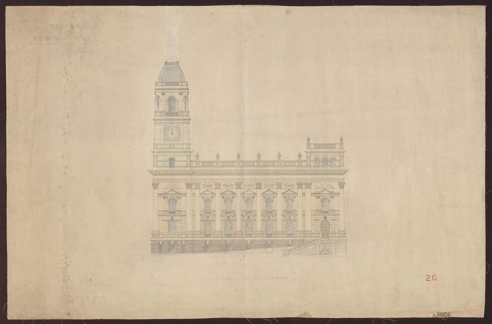 Design for Town Hall, Melbourne, Elevation Collins Street