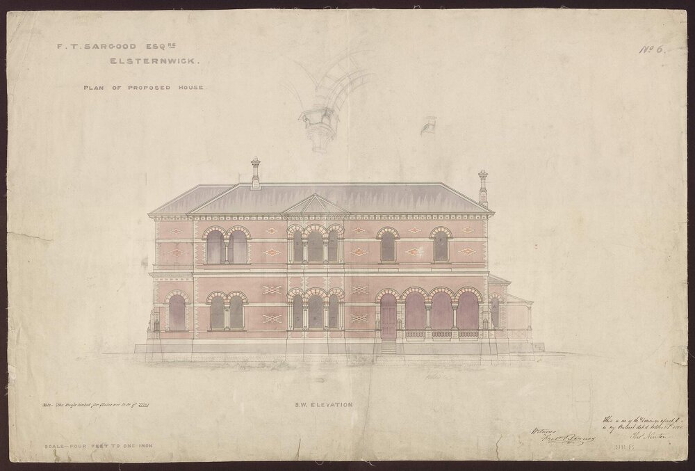 FT Sargood Esq. Elsternwick, Plan of Proposed House, South West Elevation [Rippon Lea]