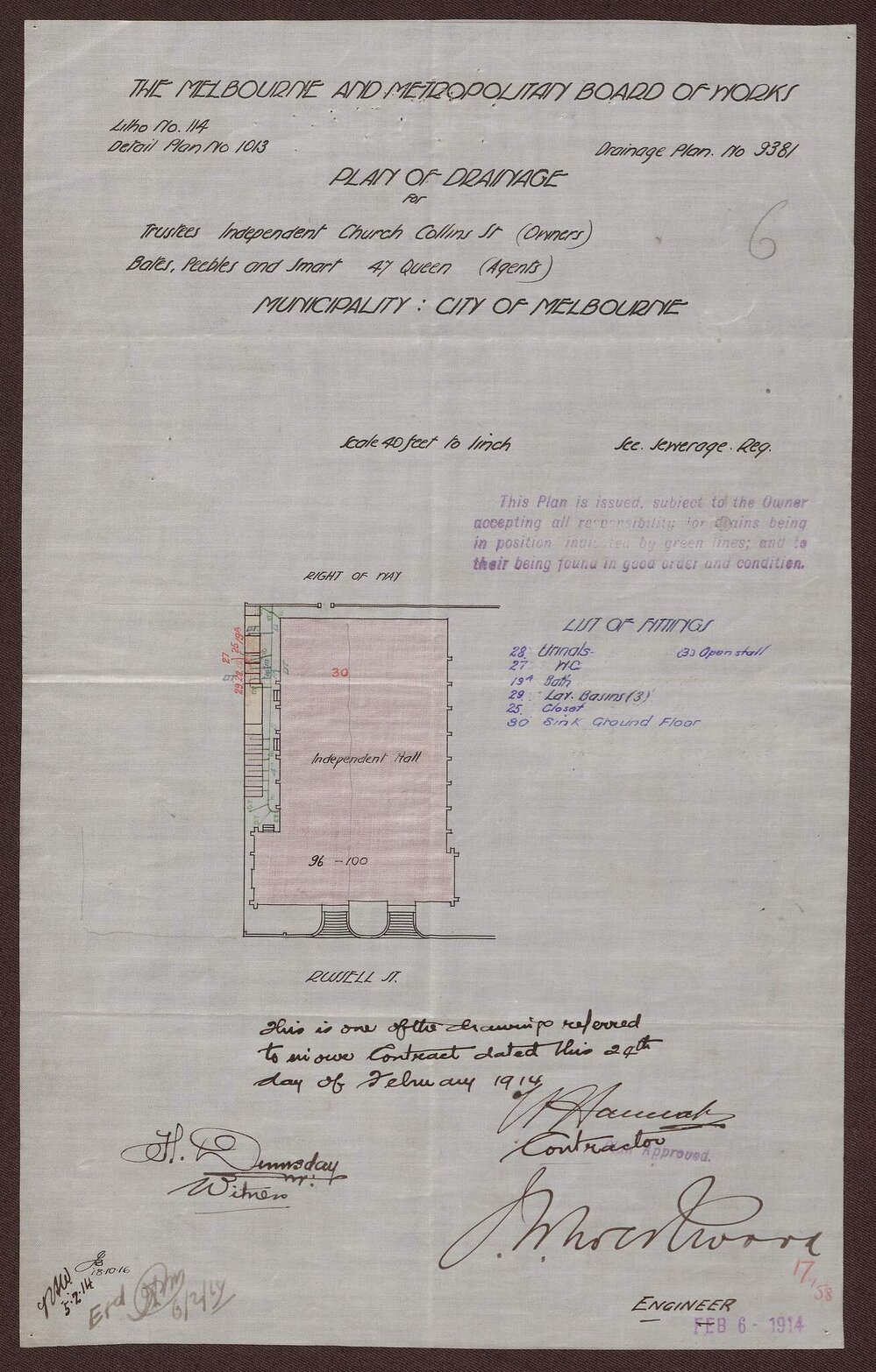 Independent Church, Collins St, MMBW plan of drainage, no 9381