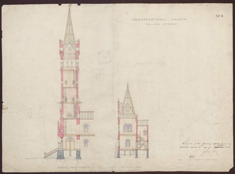 Congregational Church Collins Street - Section thro tower/ Section thro vestry [1339]