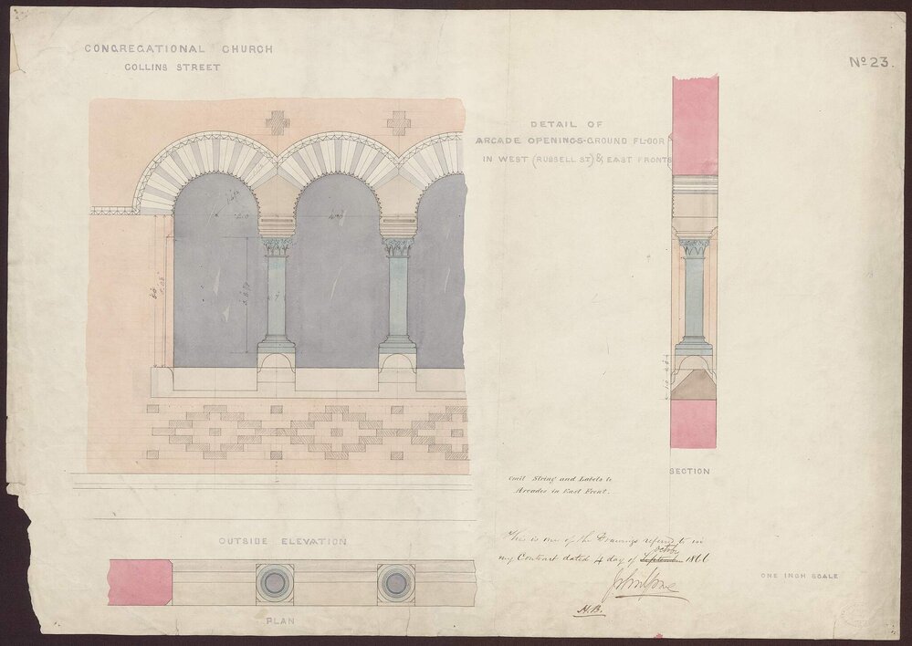 Congregational Church, Collins St, detail of arcade drawings, west and east fronts