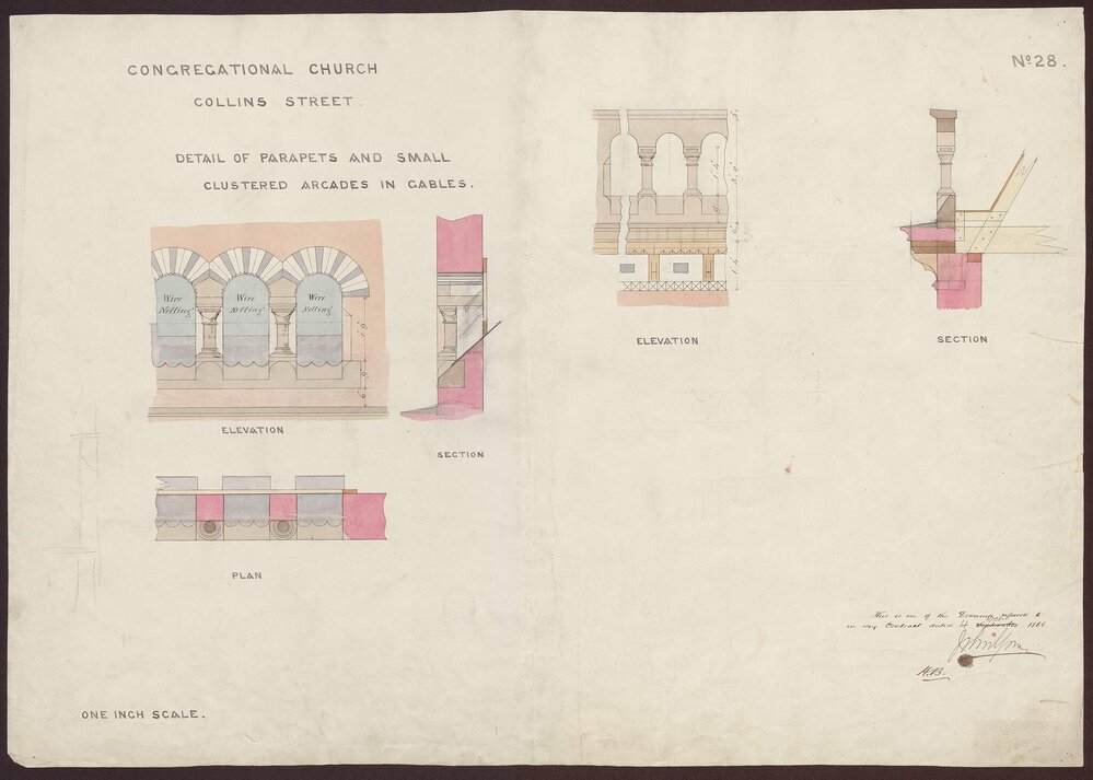 Congregational Church, Collins St, detail of parapets and small clustered arcades in gables