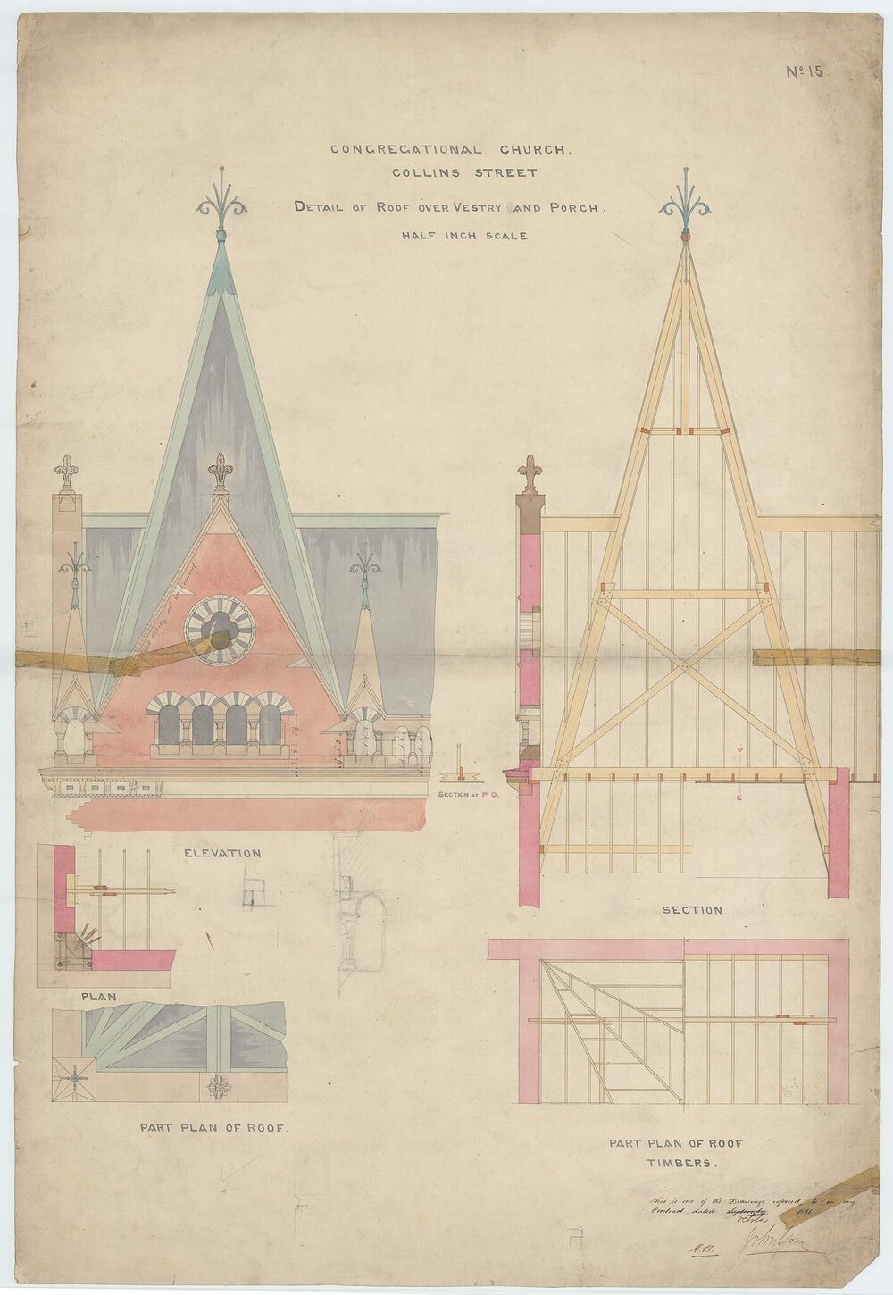 Congregational Church, Collins St, detail of roof over vestry and porch