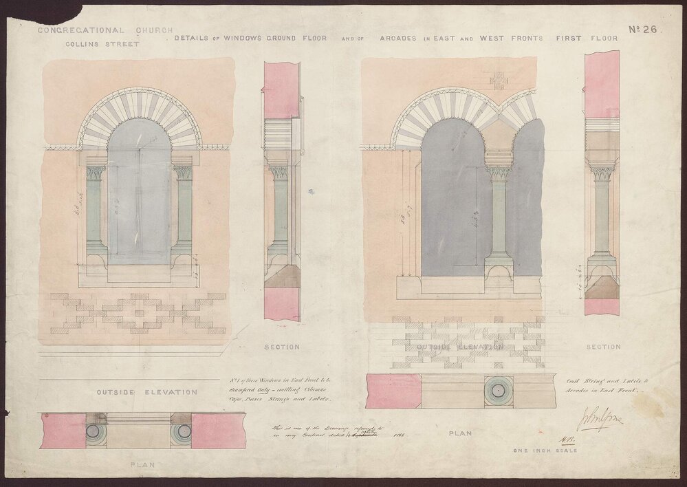 Congregational Church, Collins St, details of windows, ground floor and of arcades in east and west first floor