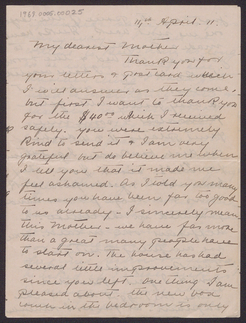Letter from Blanche Due to her mother, Mrs J.M. Smith, 14 April 1911