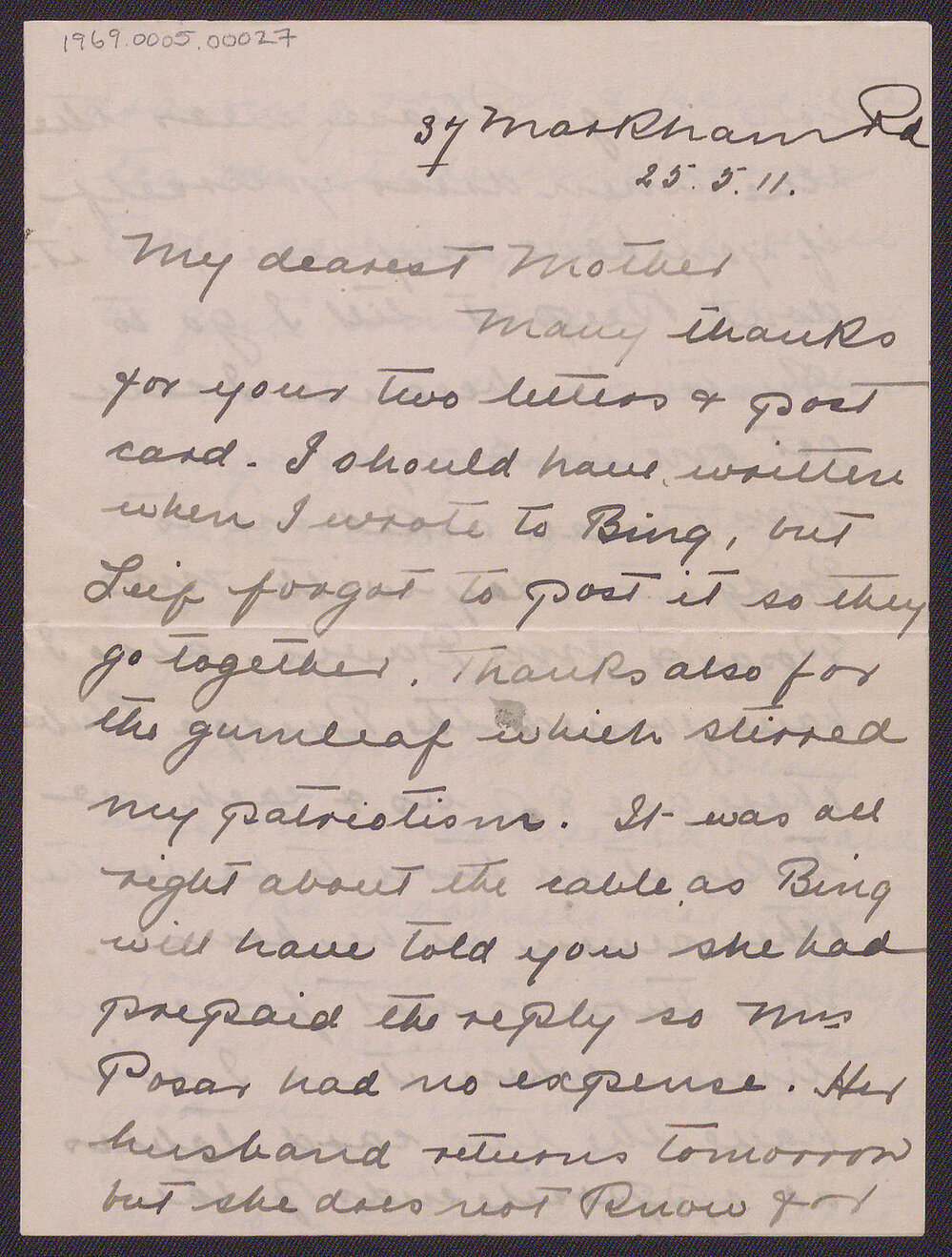 Letter from Blanche Due to her mother, Mrs J.M. Smith, 25 May 1911
