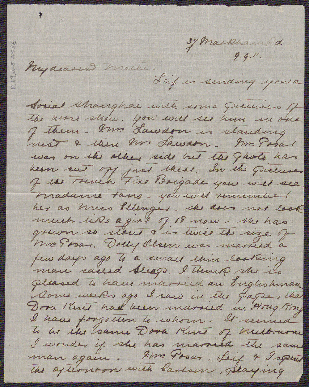 Letter from Blanche Due to her mother, Mrs J.M. Smith, 9 September 1911