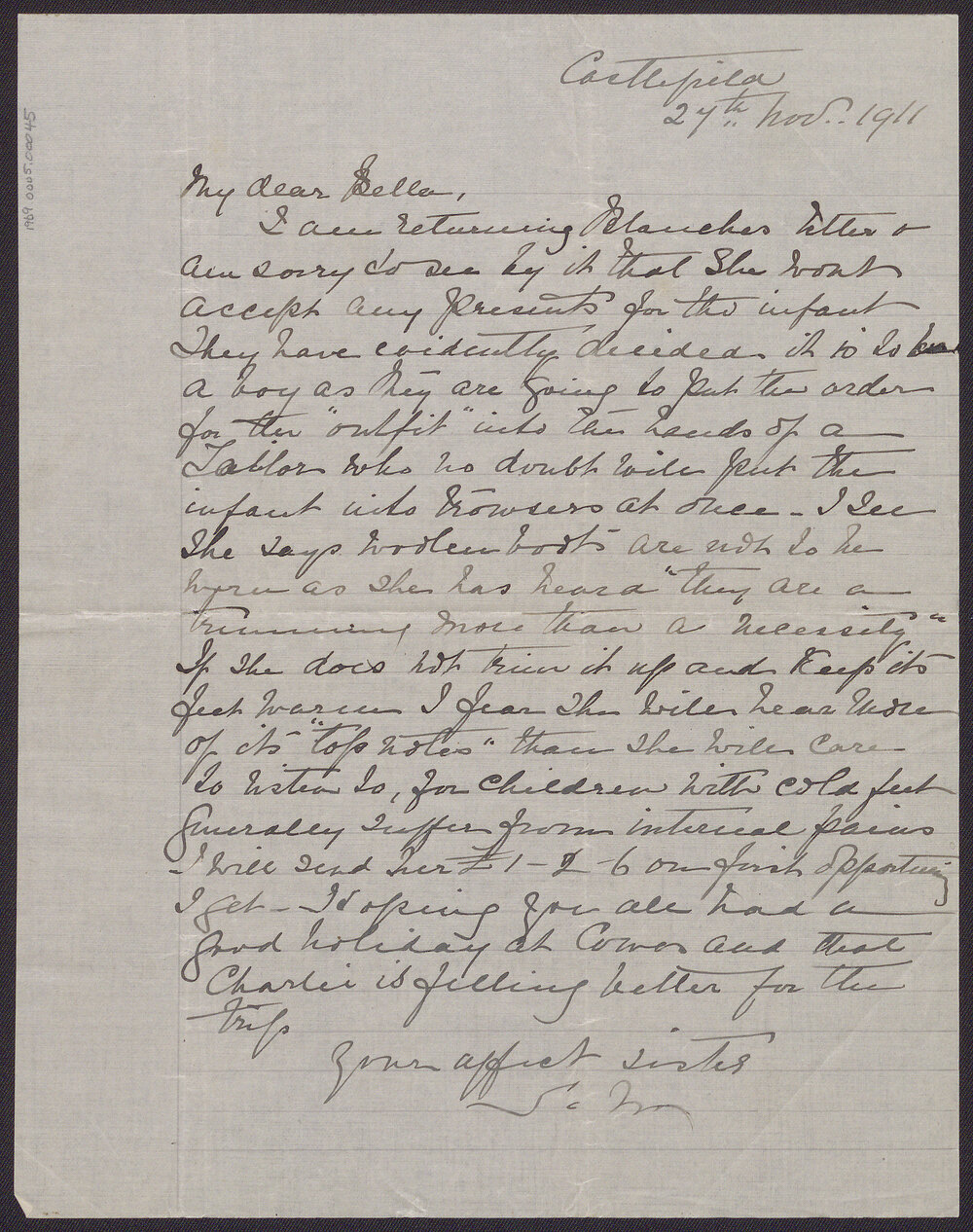 Letter from Sarah Mair to her sister Bella,  27 November 1911