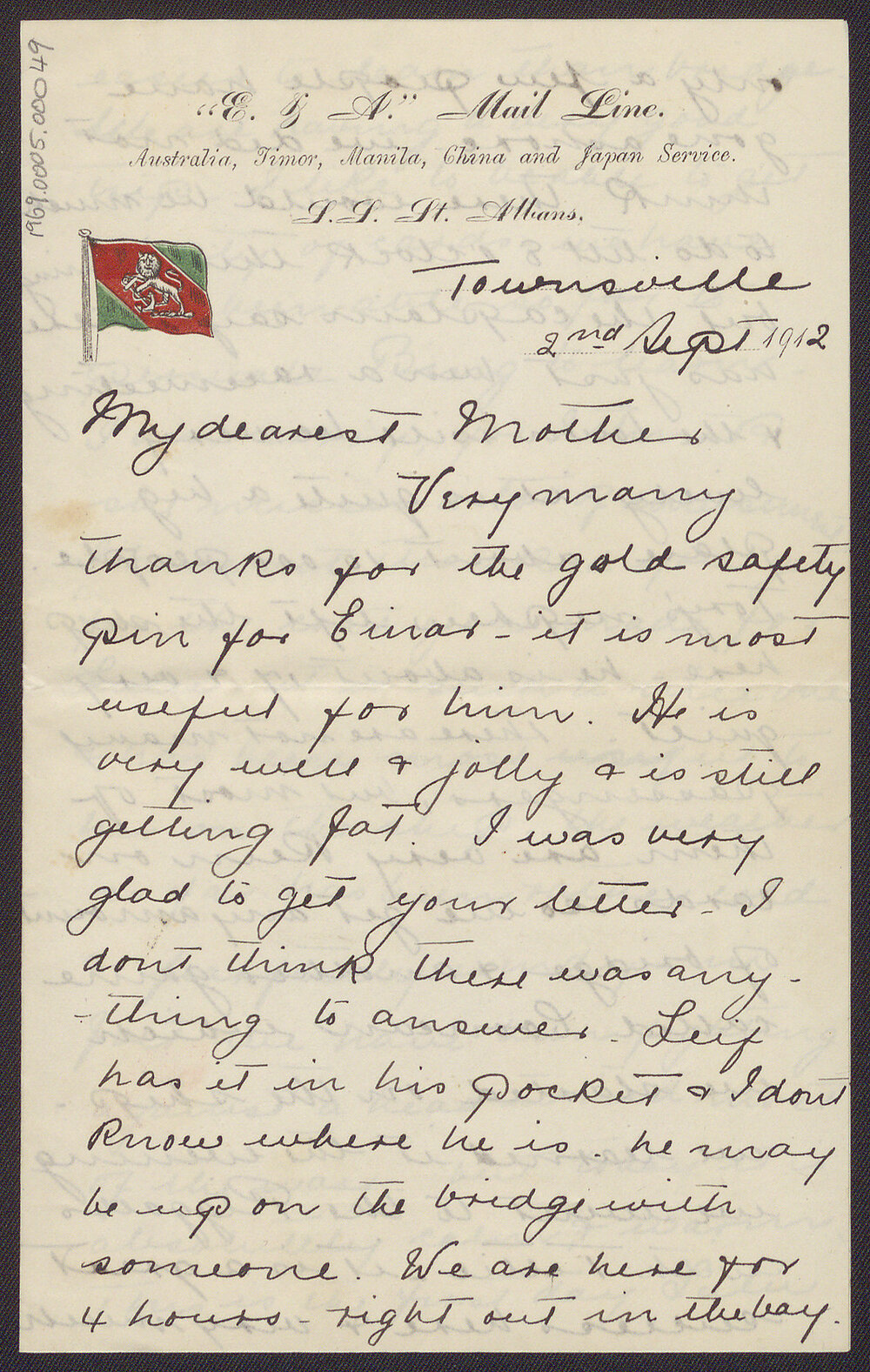 Letter from Blanche Due to her mother, Mrs J.M. Smith, 2 September 1912