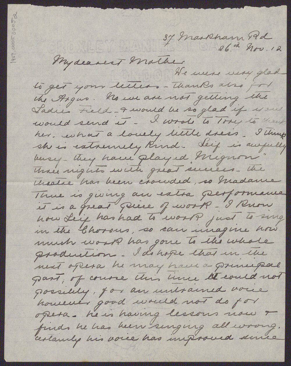 Letter from Blanche Due to her mother, Mrs J.M. Smith, 26 November 1912