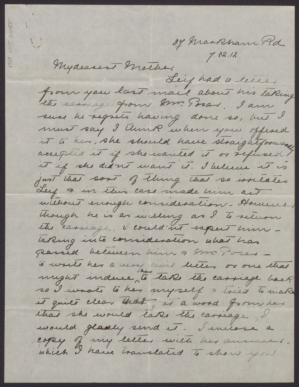 Letter from Blanche Due to her mother, Mrs J.M. Smith, 7 February 1912
