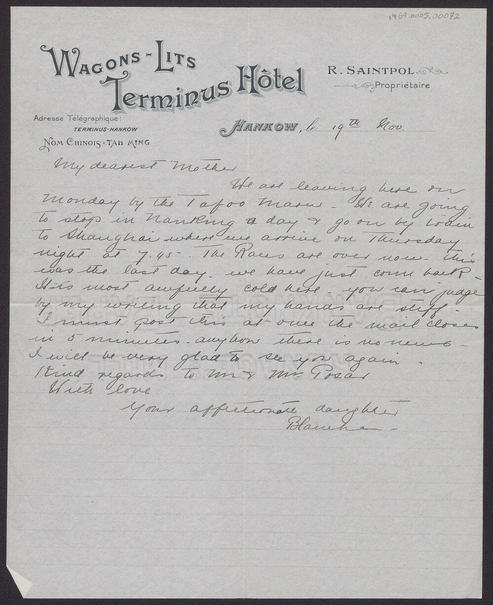 Letter from Blanche Due to her mother, Mrs J.M. Smith