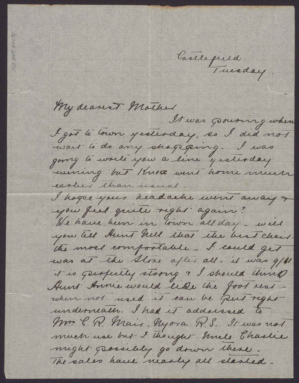 Letter from Blanche Due to her mother, Mrs J.M. Smith