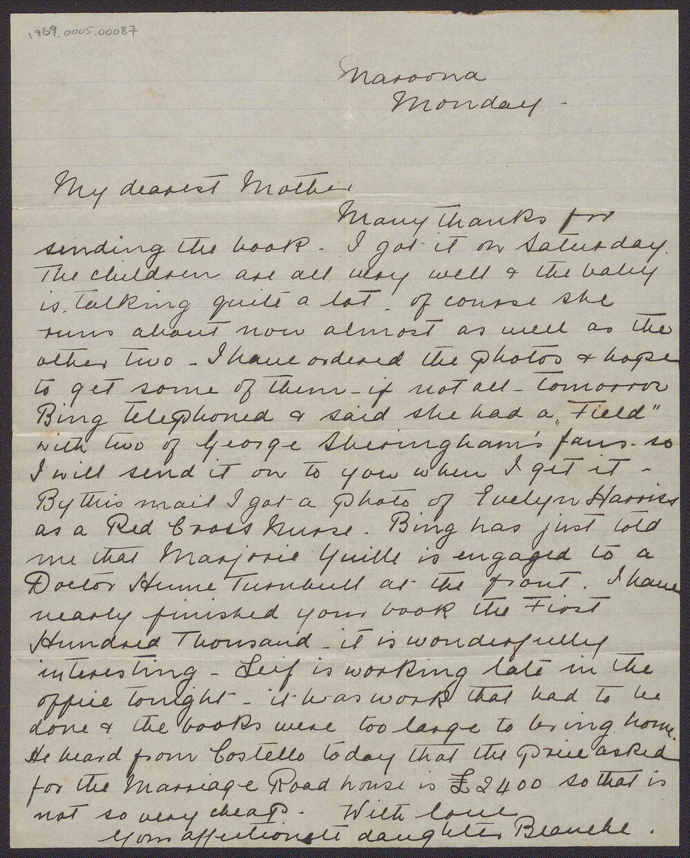 Letter from Blanche Due to her mother, Mrs J.M. Smith