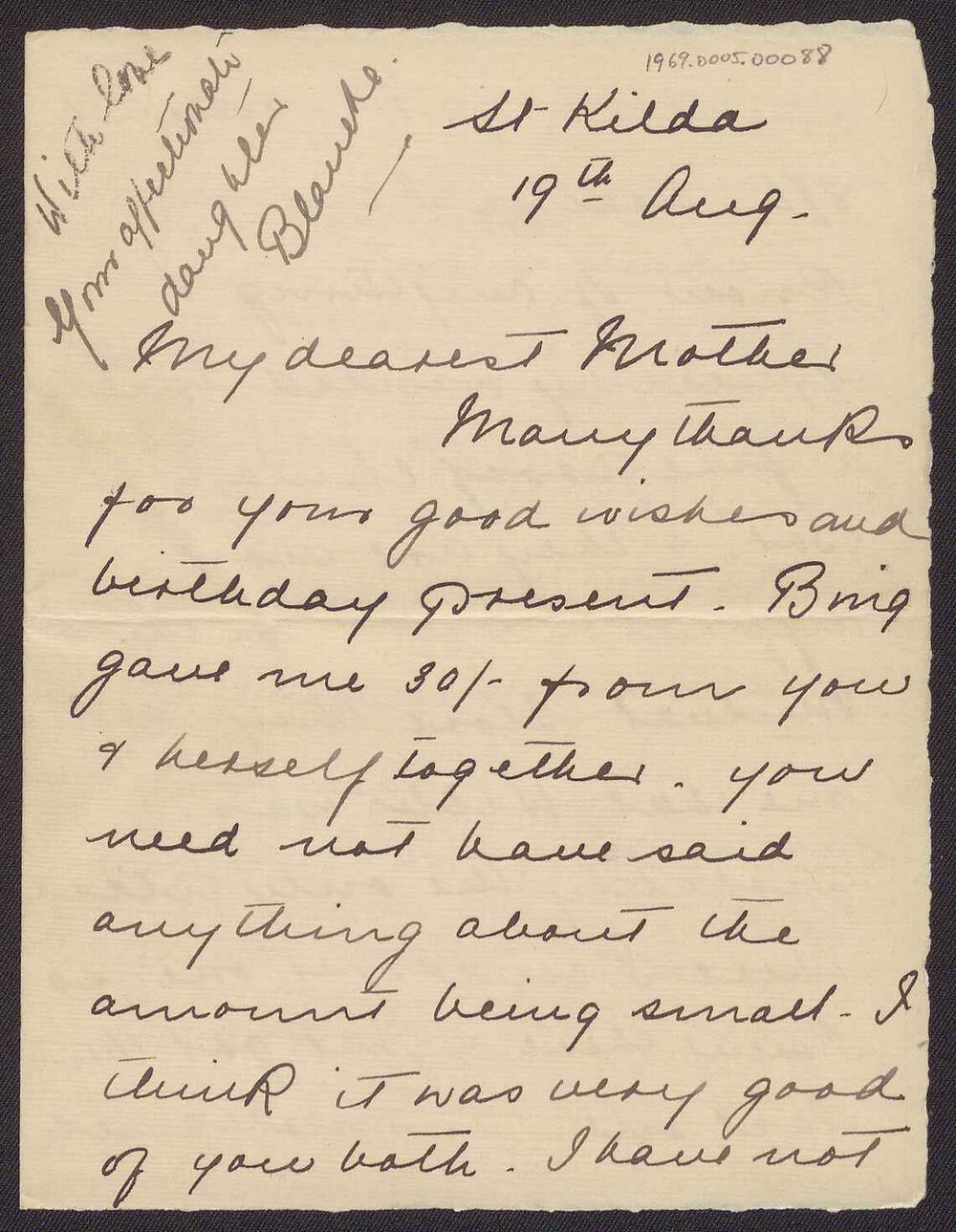 Letter from Blanche Due to her mother, Mrs J.M. Smith