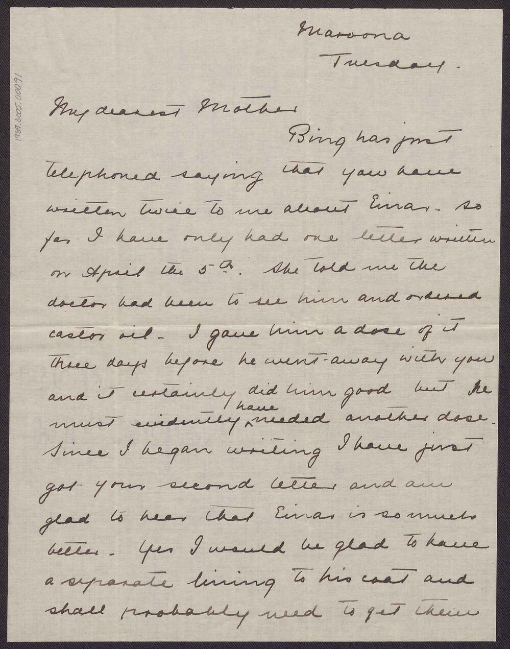 Letter from Blanche Due to her mother, Mrs J.M. Smith