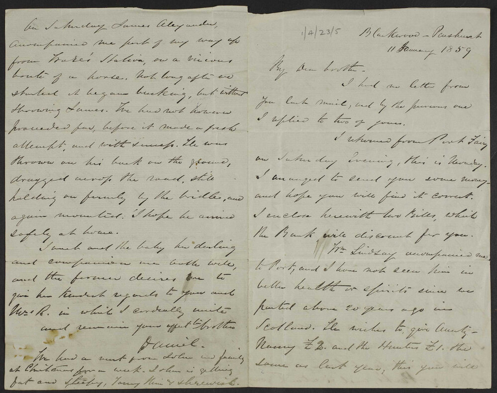 [Daniel Ritchie to Robert Ritchie in Cloverhill Scotland, 11 January 1859]