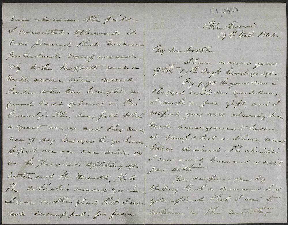 [Daniel Ritchie to Robert Ritchie in Cloverhill Scotland, 19 October 1864]