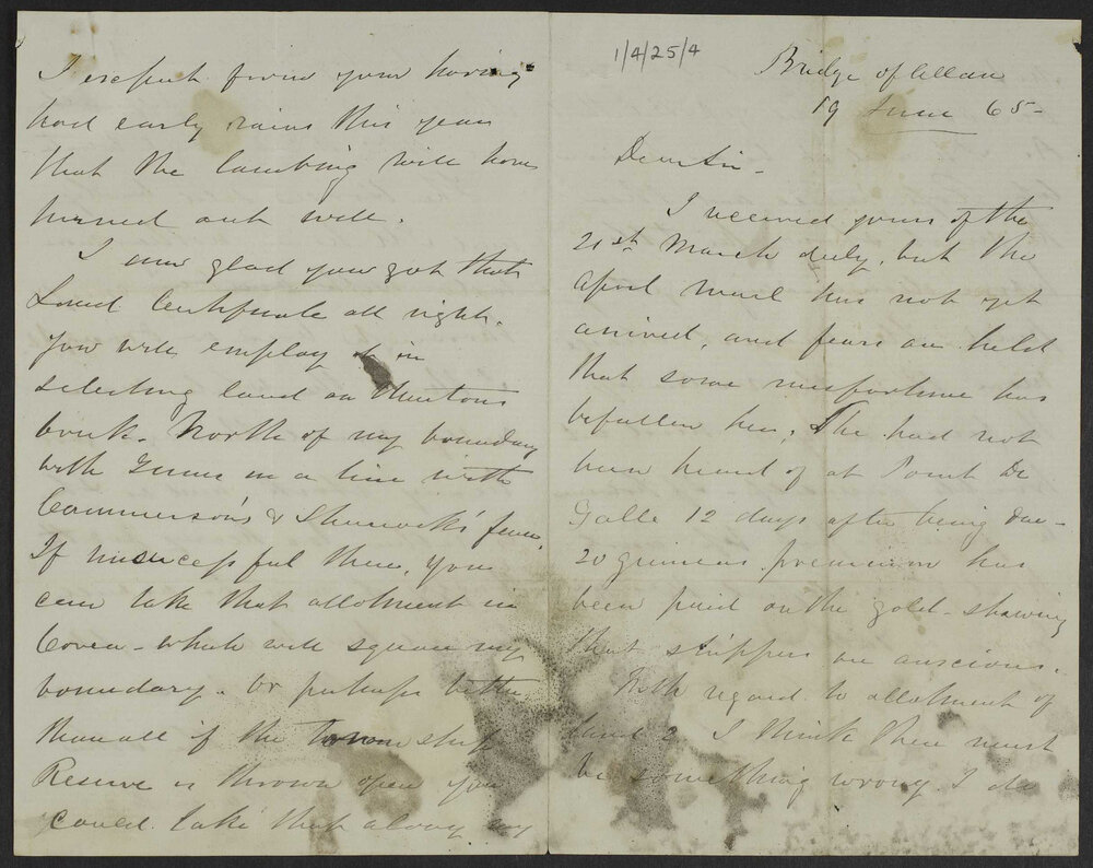 Correspondence from Daniel Ritchie, Bridge of Allen Scotland, to John Ritchie, 19 June 1865